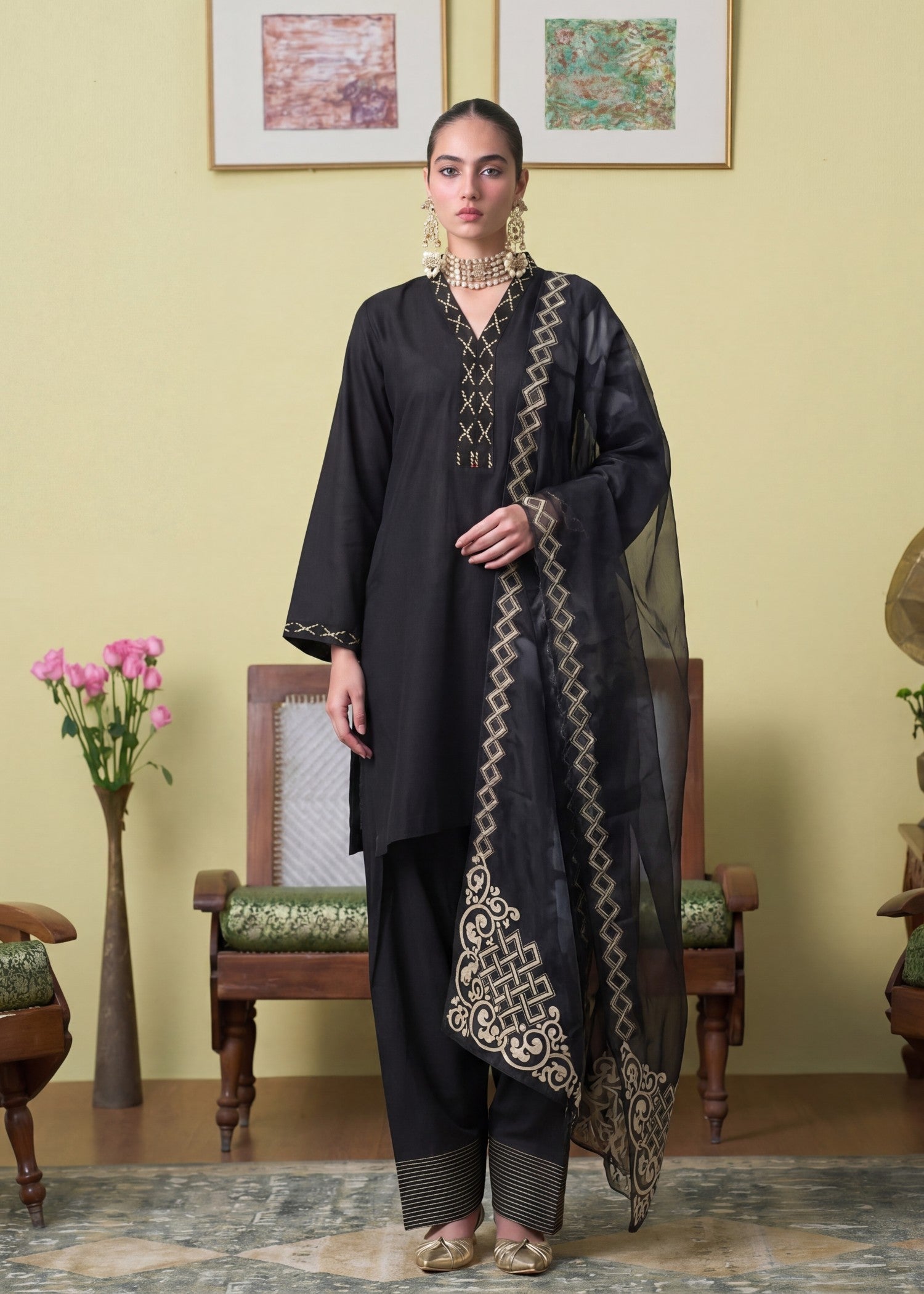 Black Lacework Lawn Salwar Kameez Online in Dubai UAE Abudhabi Ajman Sharjah