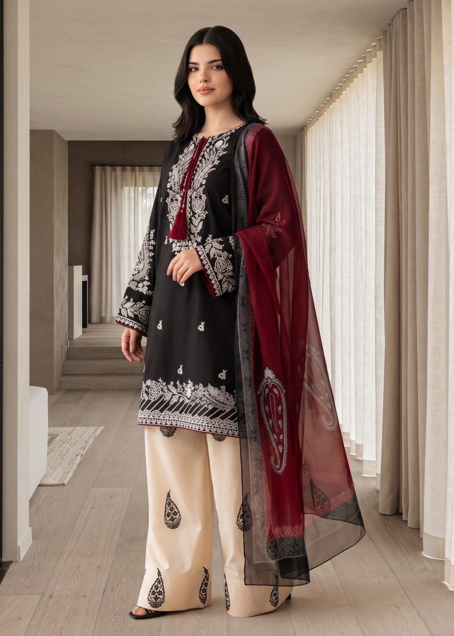 Black Lawn Cotton Farshi Shalwar Kameez for Women Online in Sri Lanka India Australia