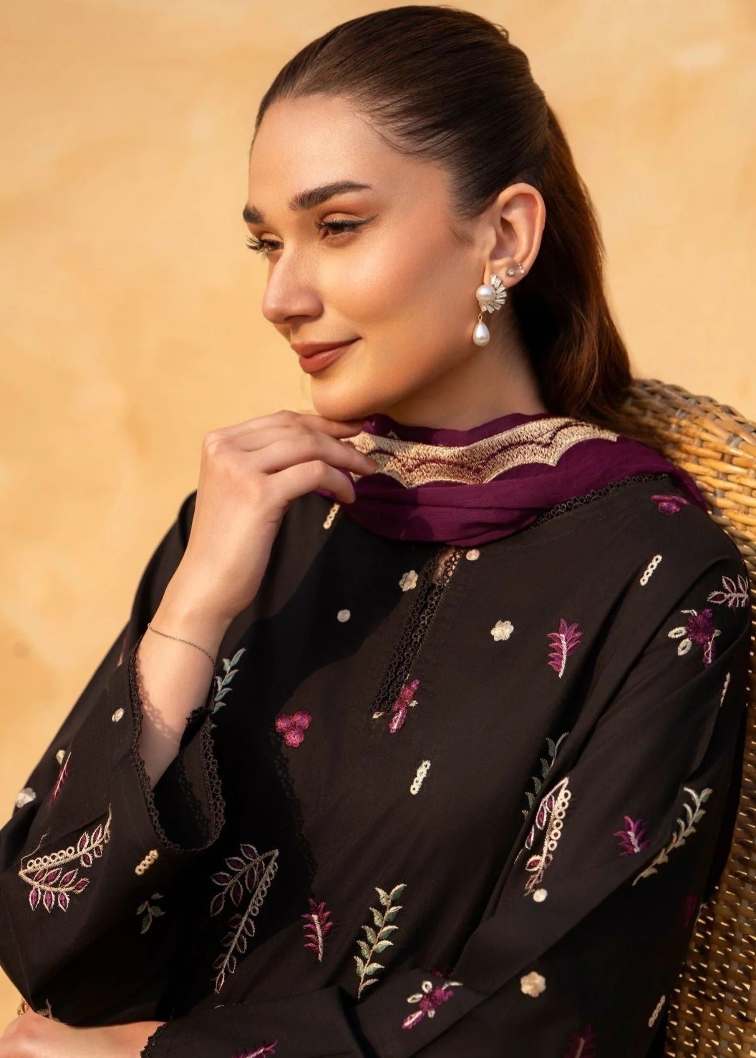 Black Linen Embroidered Three Piece Suit Online in Dubai DXB UAE Abudhabi Meena Bazaar