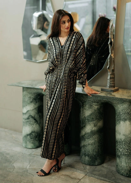 Black Linen Kaftan with Sequins Online in Dubai UAE Abudhabi Ajman Sharjah