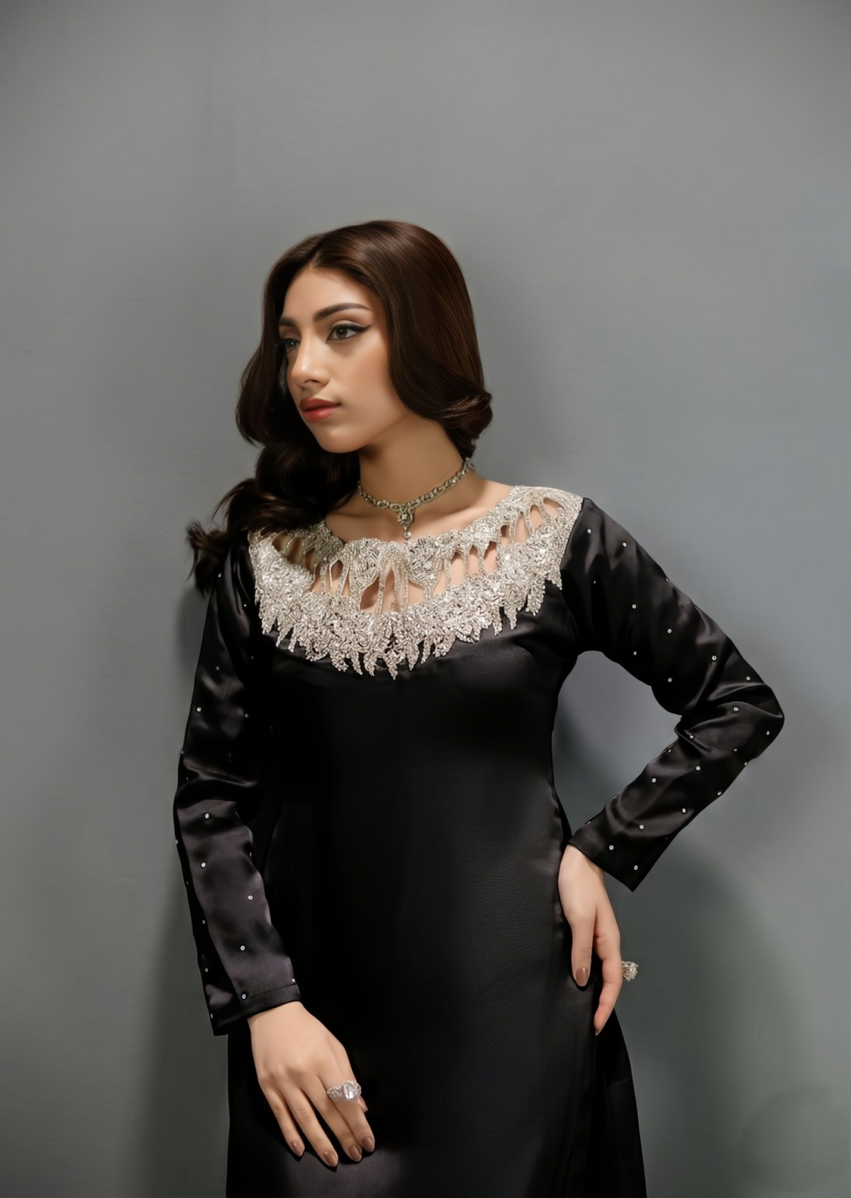 Black Long Shirt Silk Pakistani Suit Online in KSA Riyadh Saudi Arabia Oman Bahrain Qatar