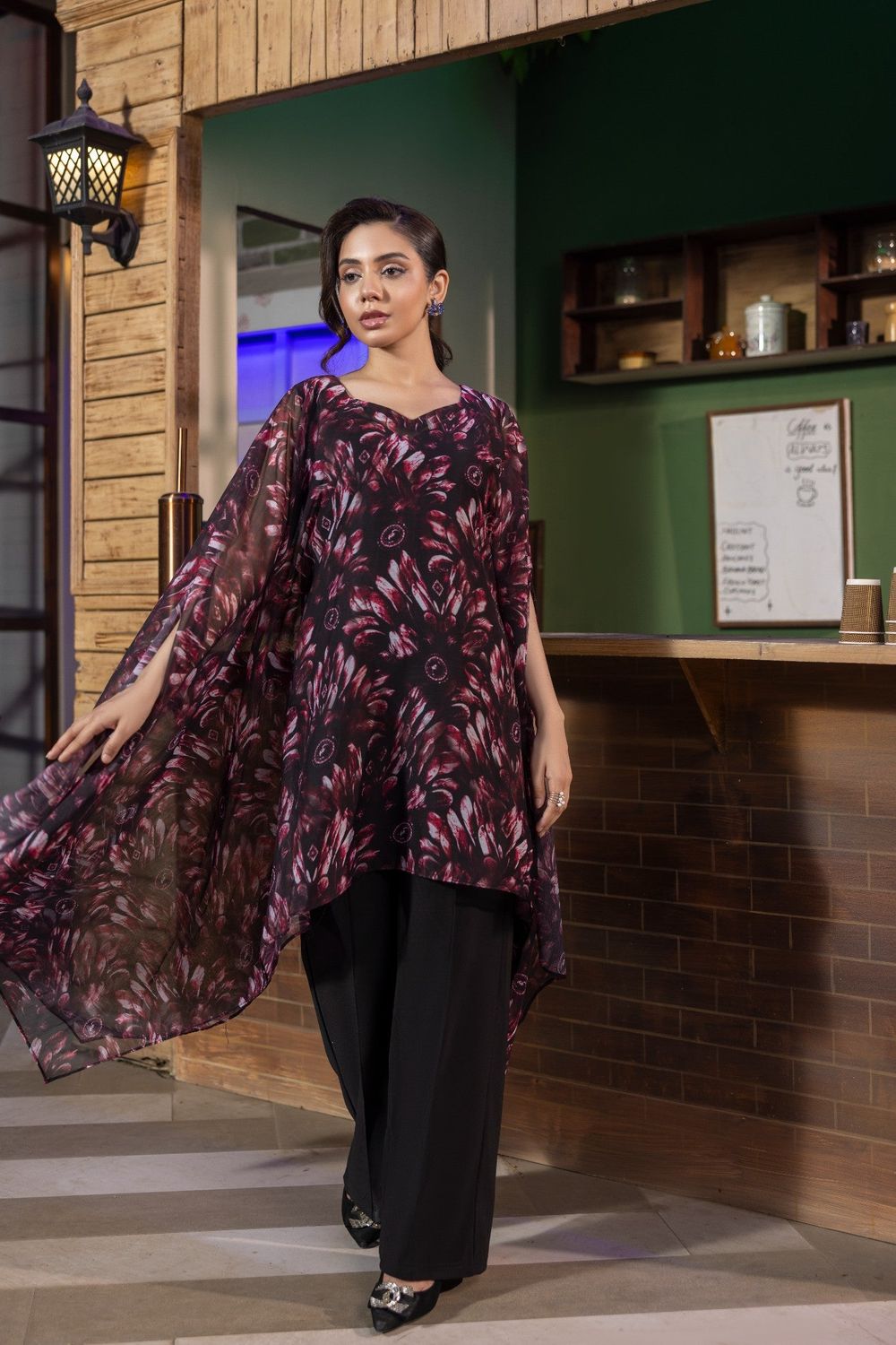 Black Magenta Chiffon Cape Kaftan Set Online in Dubai UAE Abudhabi Ajman Sharjah