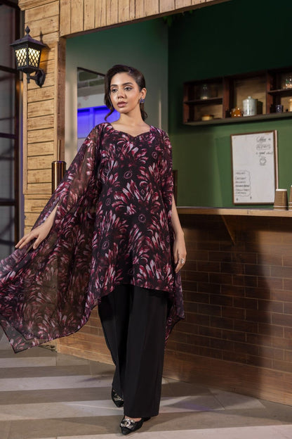 Black Magenta Chiffon Cape Kaftan Set Online in Dubai UAE Abudhabi Ajman Sharjah
