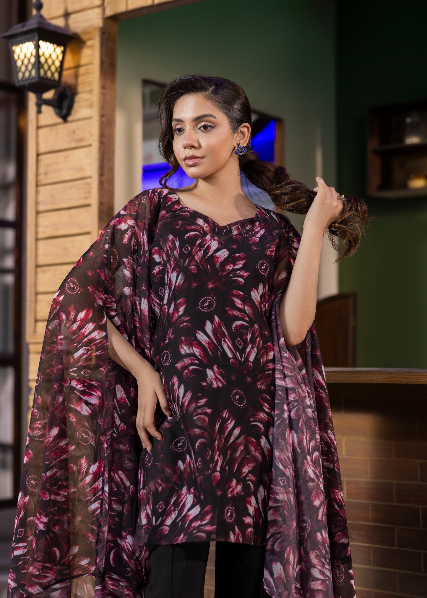 Black Magenta Chiffon Two Piece Kaftan Online in Dubai DXB UAE Abudhabi Meena Bazaar