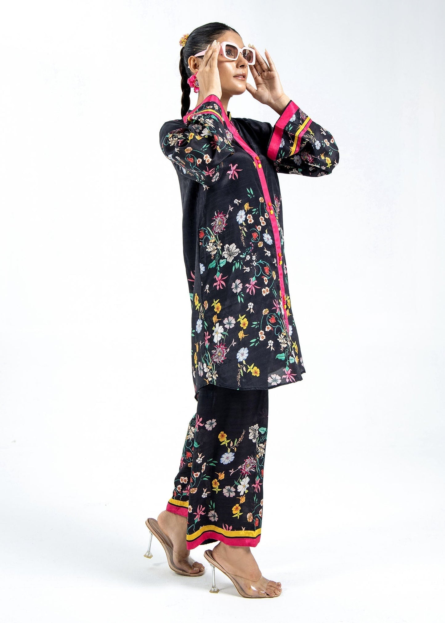 Black Multi Button Placket Kurta Set Online in Dubai DXB UAE Abudhabi Meena Bazaar