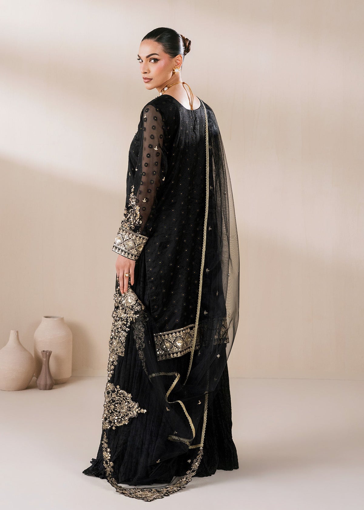 Black Net Dupatta Organza Sharara Pakistani Clothes Online in Sri Lanka India Australia