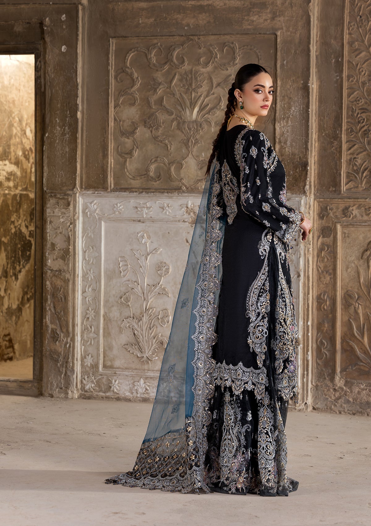 Black Net Sharara Gharara Partywear Suit Online in Dubai UAE Abudhabi Ajman Sharjah