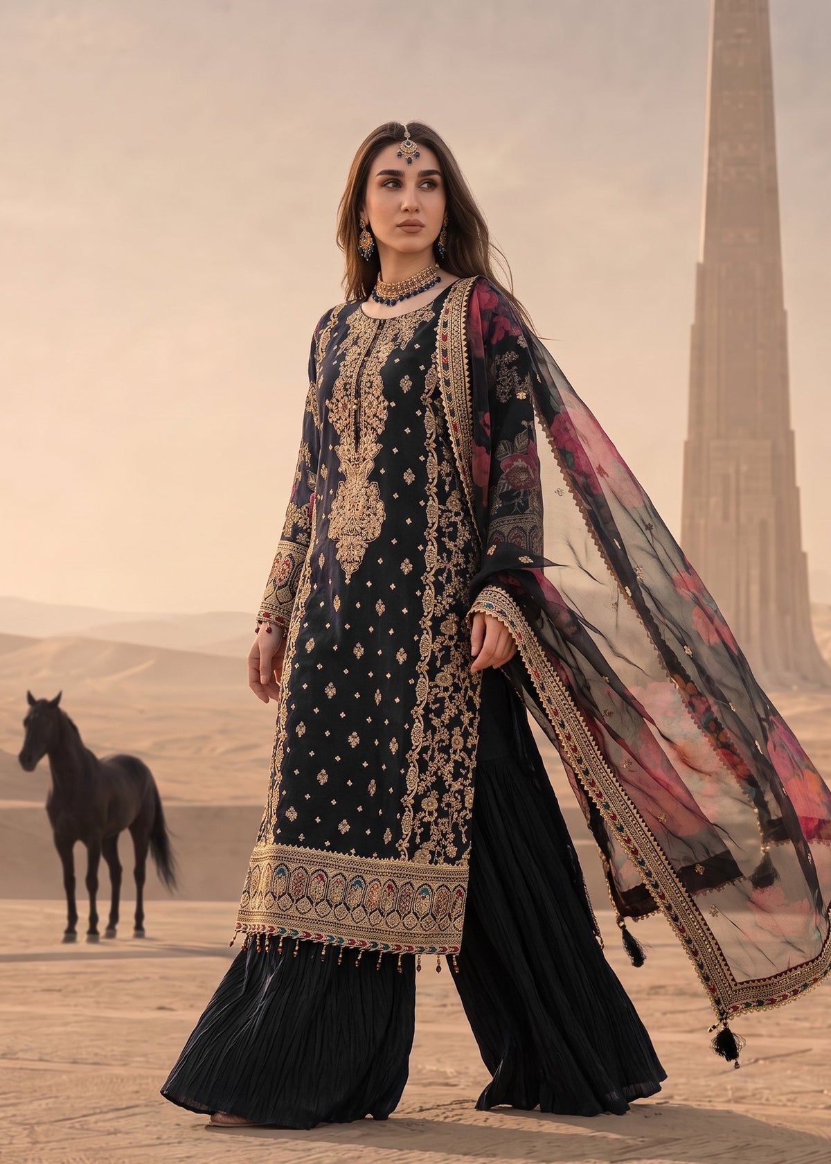 Black Organza Embellished Sharara Gharara Wedding and Bridal Online in KSA Riyadh Saudi Arabia Oman Bahrain Qatar