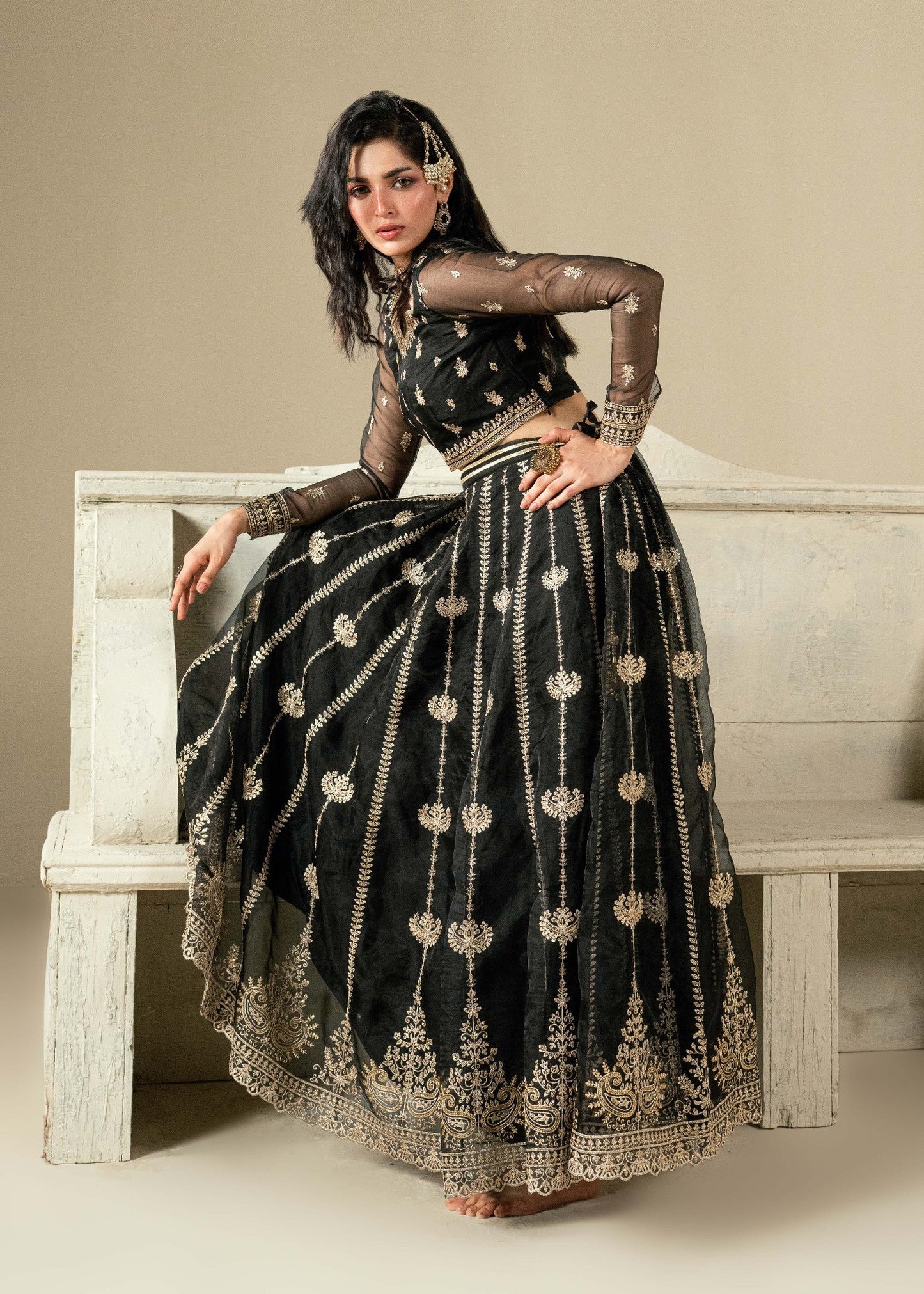 Black Organza Flared Lehenga with Dupatta Online in Dubai UAE Abudhabi Ajman Sharjah