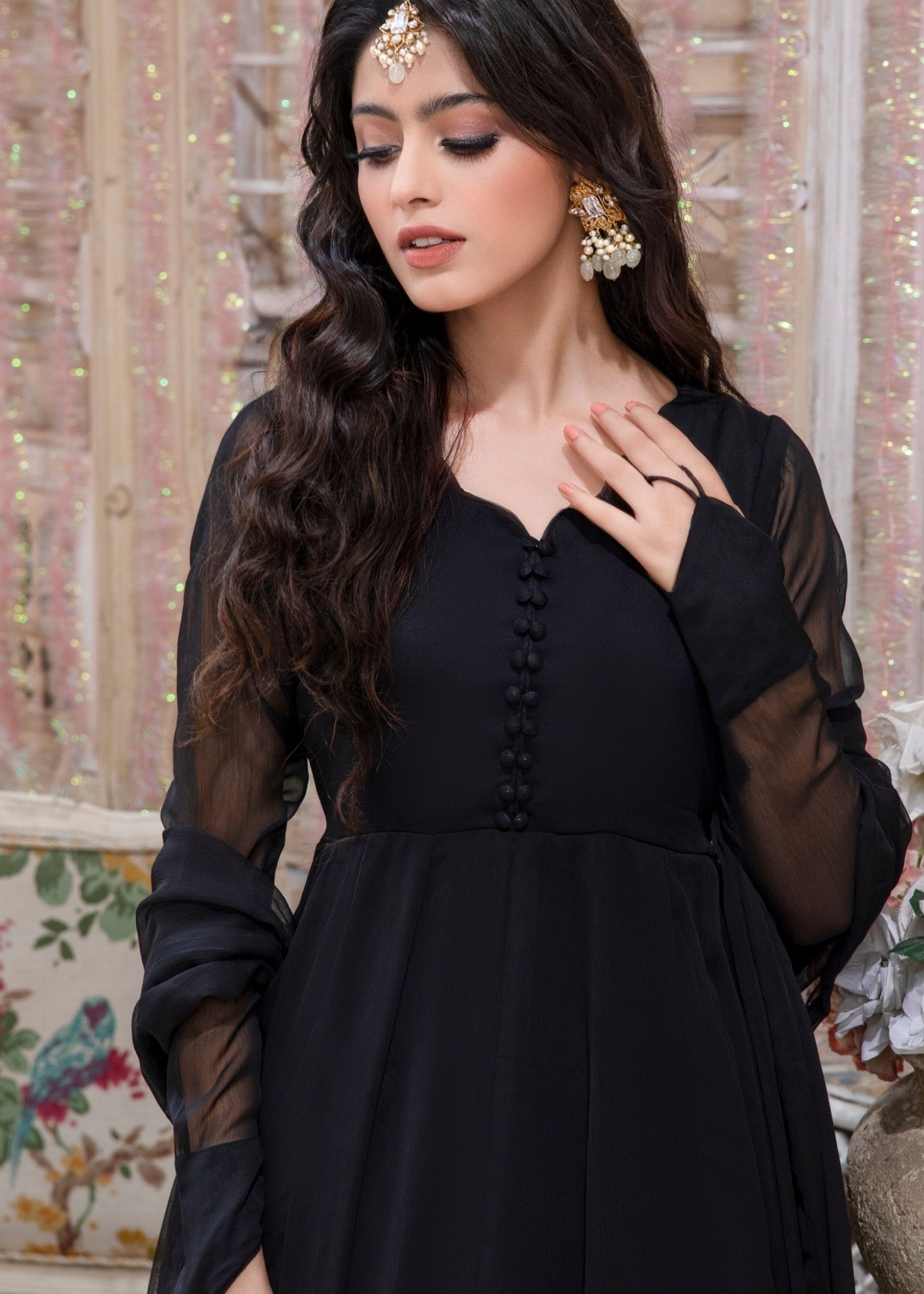 Black Partywear Chiffon Kurta Set Online in Sri Lanka India Australia