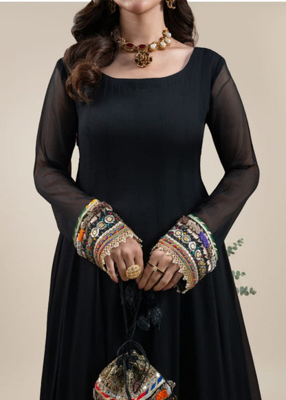 Black Pearl Mirror Work Crinkle Chiffon Partywear Suit Online in Sri Lanka India Australia