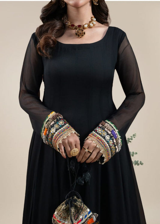 Black Pearl Mirror Work Crinkle Chiffon Partywear Suit Online in Sri Lanka India Australia