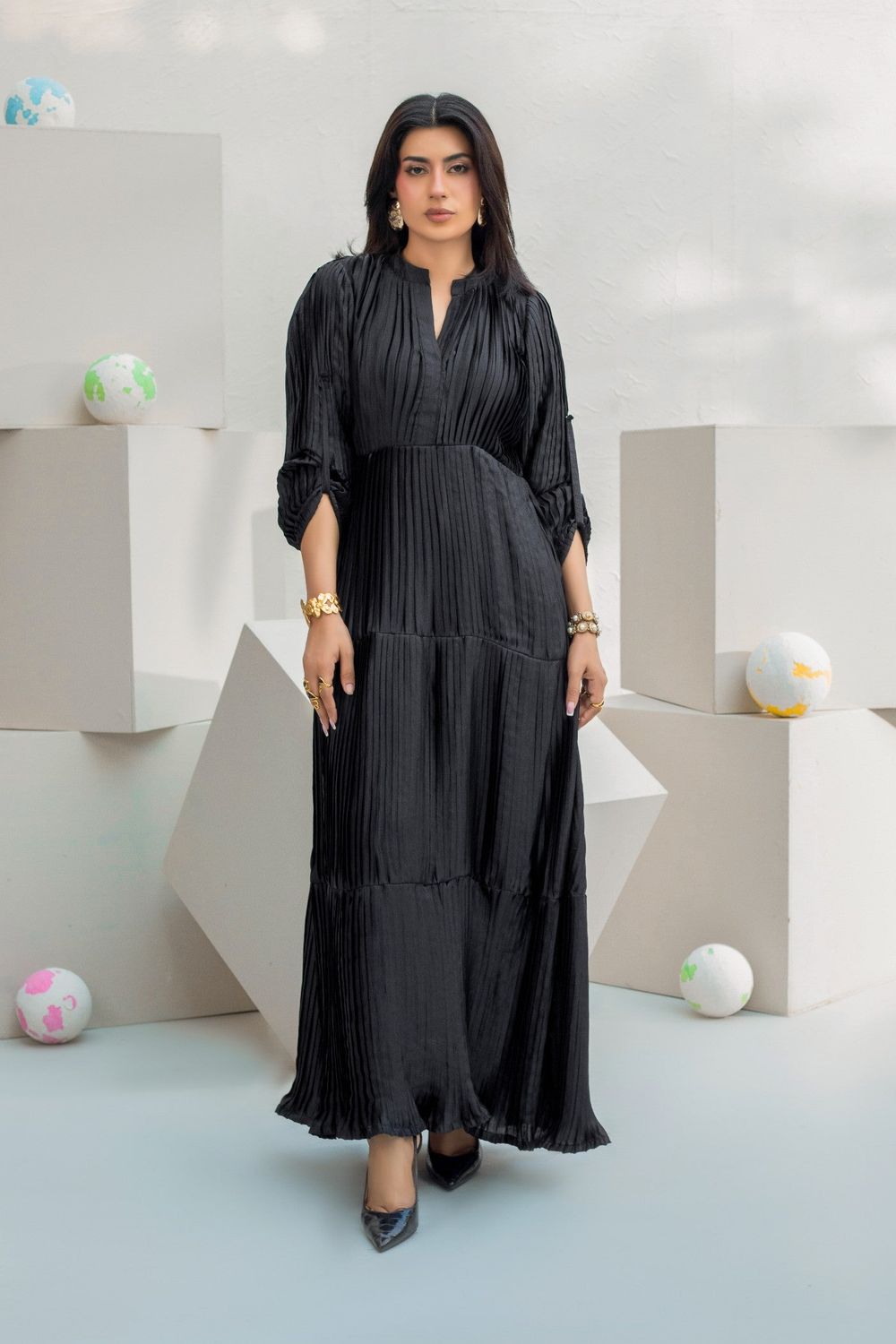 Black Pleated Silk Charmeuse Dress Set Online in Dubai UAE Abudhabi Ajman Sharjah