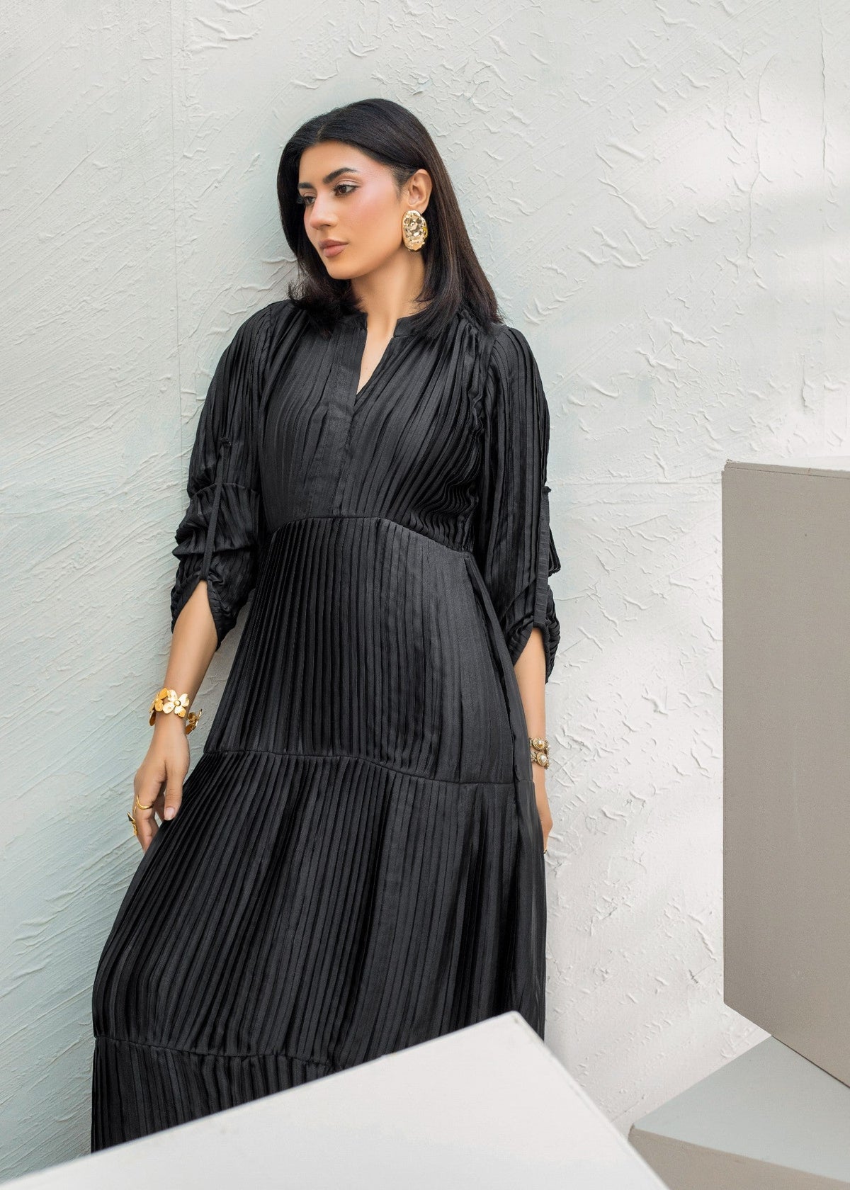 Black Pleated Silk Charmeuse Dress Set Online in Dubai UAE Abudhabi Ajman Sharjah