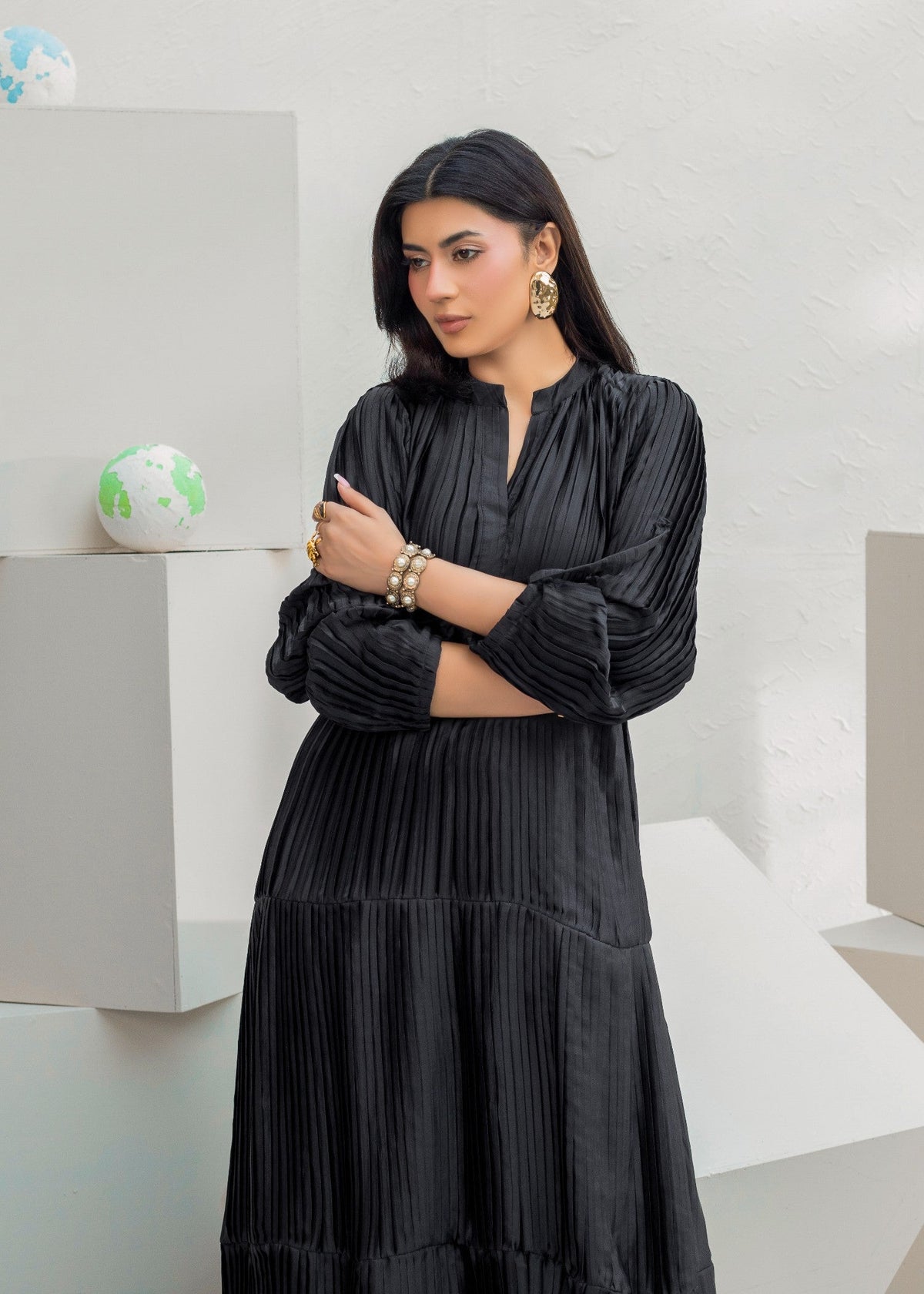 Black Pleated Silk Charmeuse Dress Set Online in Sri Lanka India Australia