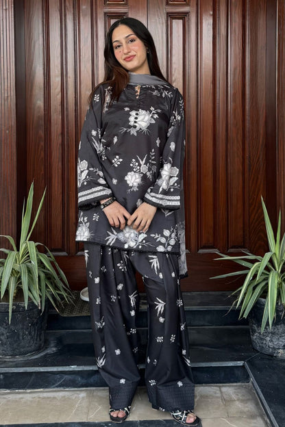 Black Printed Farshi Shalwar with Chiffon Dupatta Online in Dubai UAE Abudhabi Ajman Sharjah