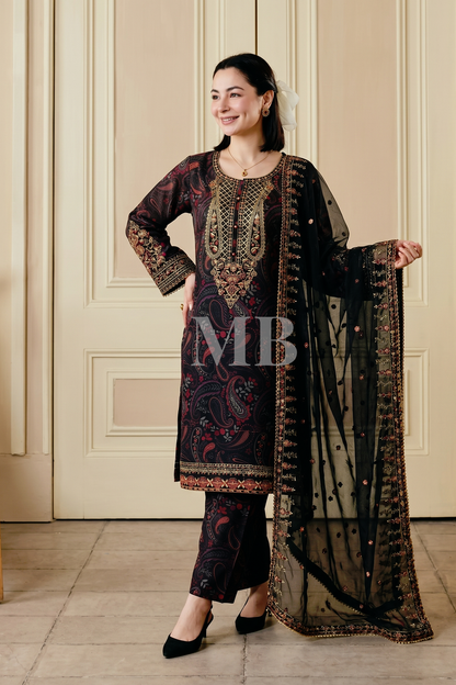 Black Printed Lawn Suit with Khadi Net Dupatta Online in Dubai UAE Abudhabi Ajman Sharjah