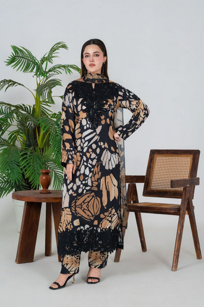 Black Printed Poly Lawn Party Wear Suit Online in Dubai UAE Abudhabi Ajman Sharjah