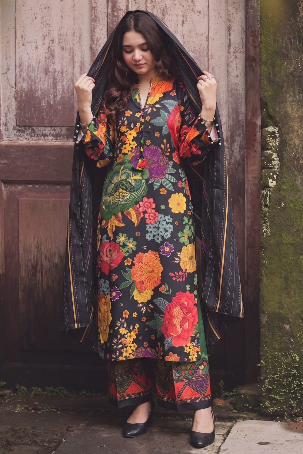 Black Printed Silk Asymmetrical Kurta Suit Online in Dubai UAE Abudhabi Ajman Sharjah