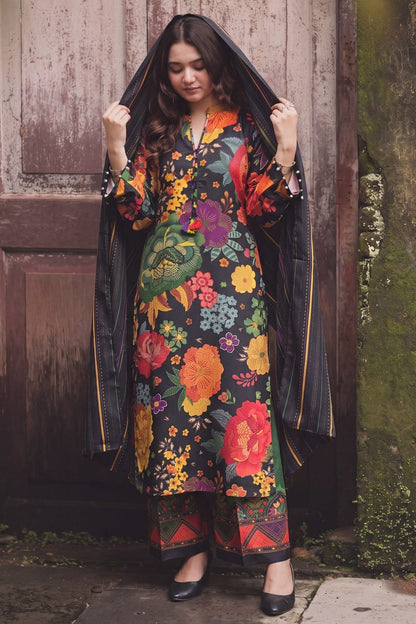 Black Printed Silk Asymmetrical Kurta Suit Online in Dubai UAE Abudhabi Ajman Sharjah