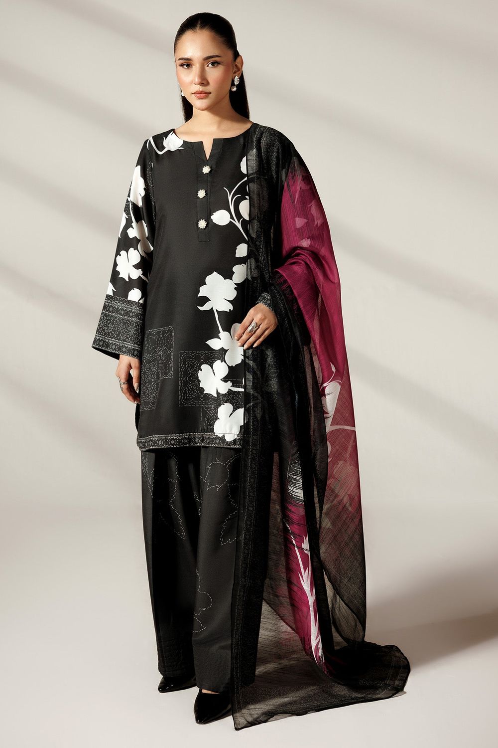Black Printed Silk Finish Lawn Farshi Shalwar Online in Dubai UAE Abudhabi Ajman Sharjah