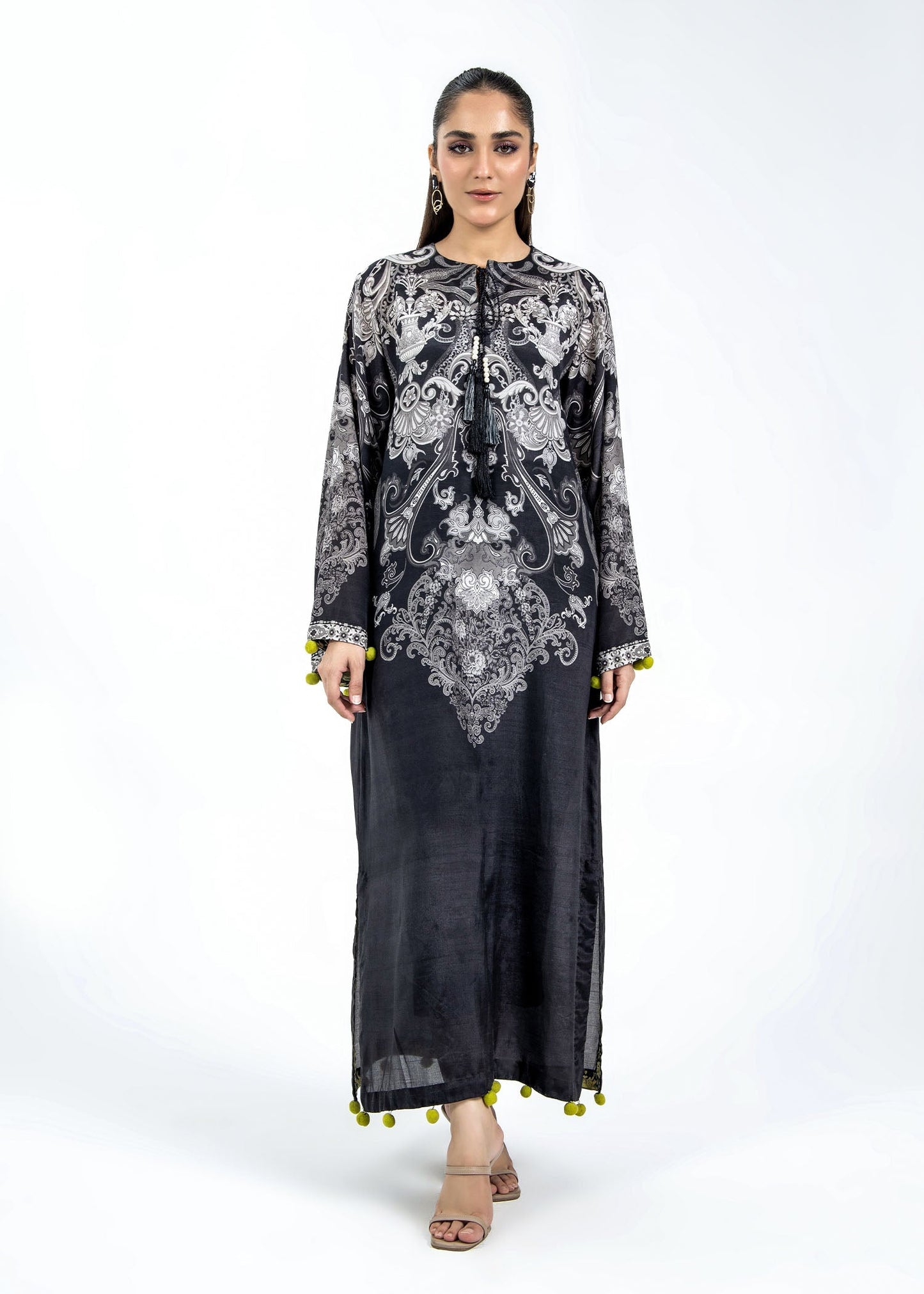 Black Raw Silk Kaftan with Digital Print Dupatta Online in Sri Lanka India Australia