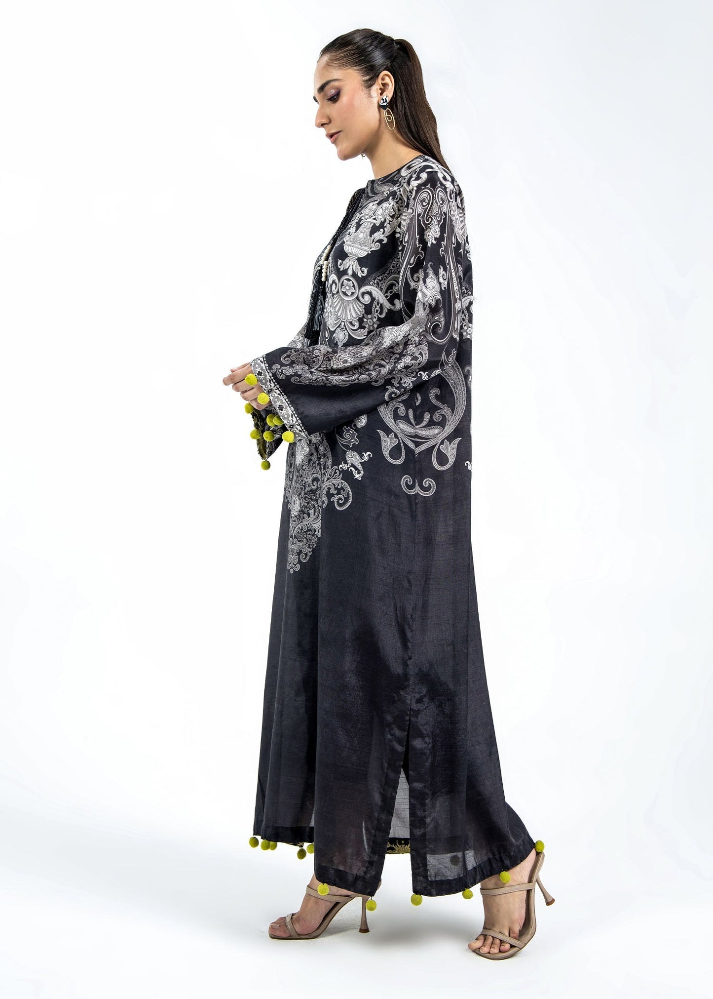 Black Raw Silk Kaftan with Green Pom Poms Online in Dubai DXB UAE Abudhabi Meena Bazaar
