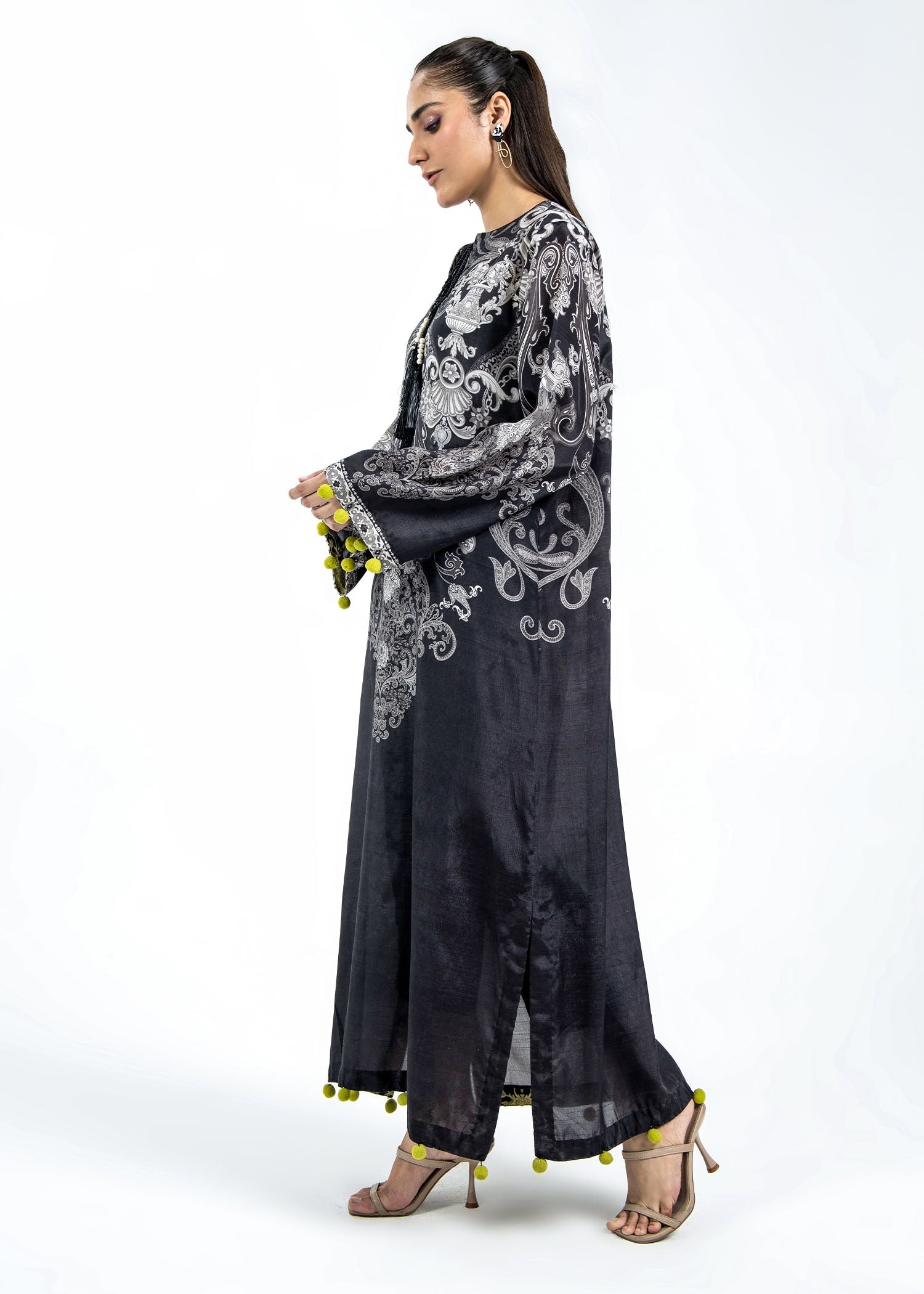 Black Raw Silk Kaftan with Green Pom Poms Online in Dubai DXB UAE Abudhabi Meena Bazaar