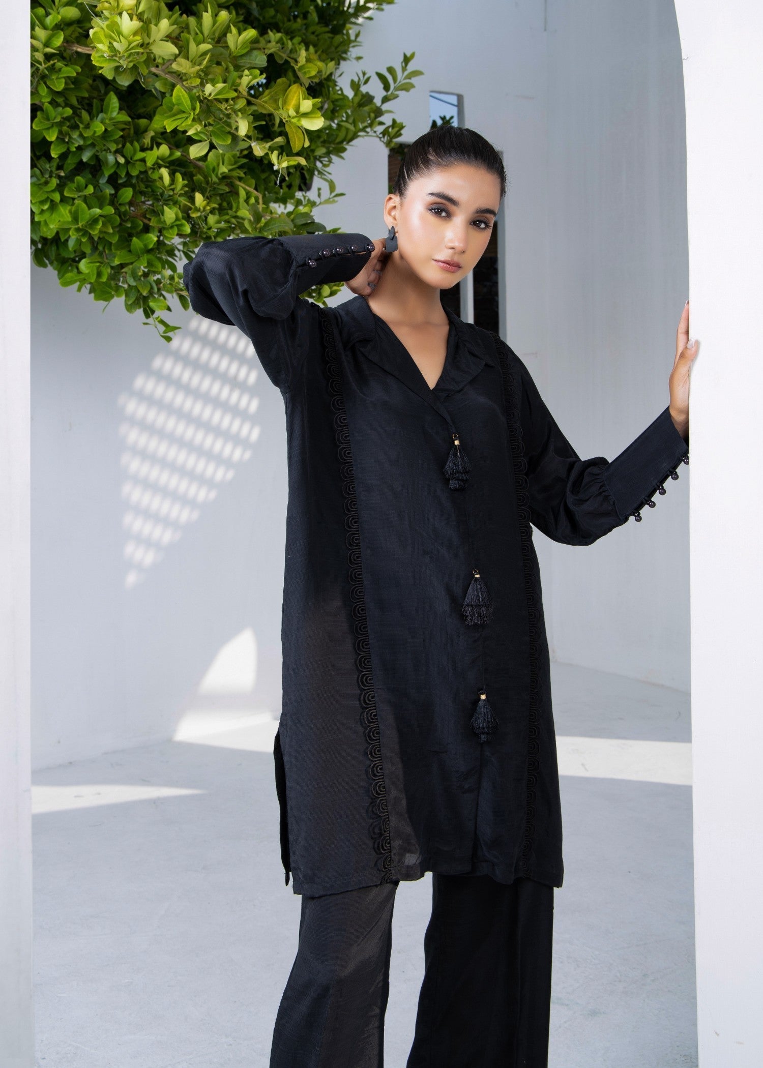 Black Raw Silk Ladies Suit Online in UK USA Canada