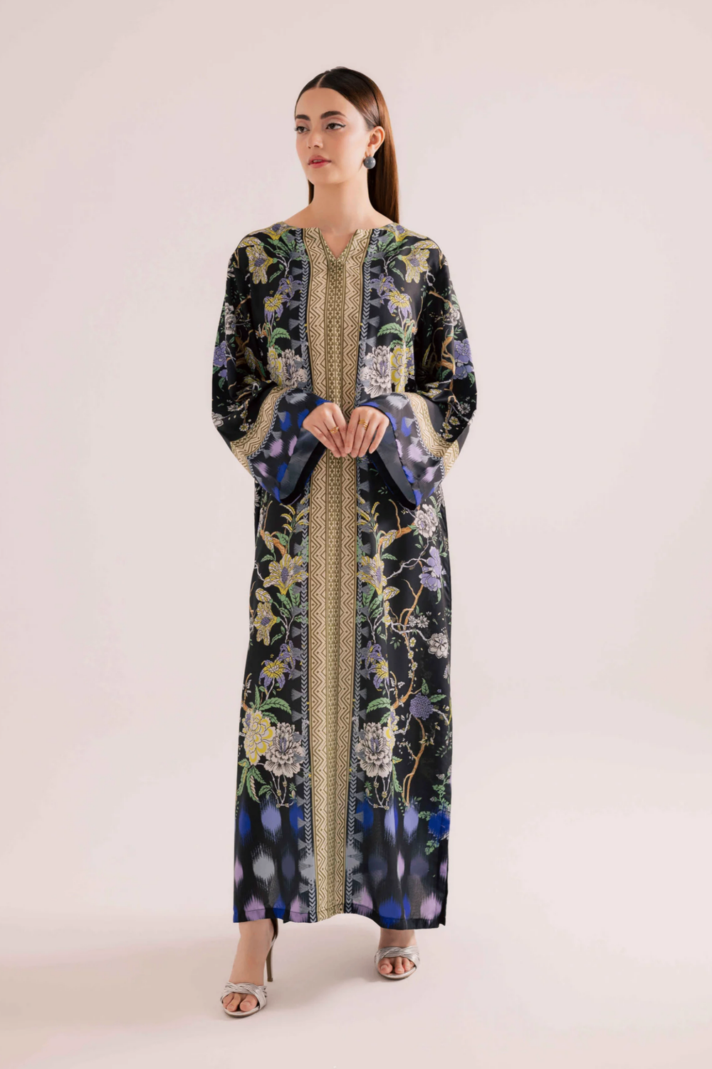 Black Raw Silk Long Kaftan Online in Dubai UAE Abudhabi Ajman Sharjah