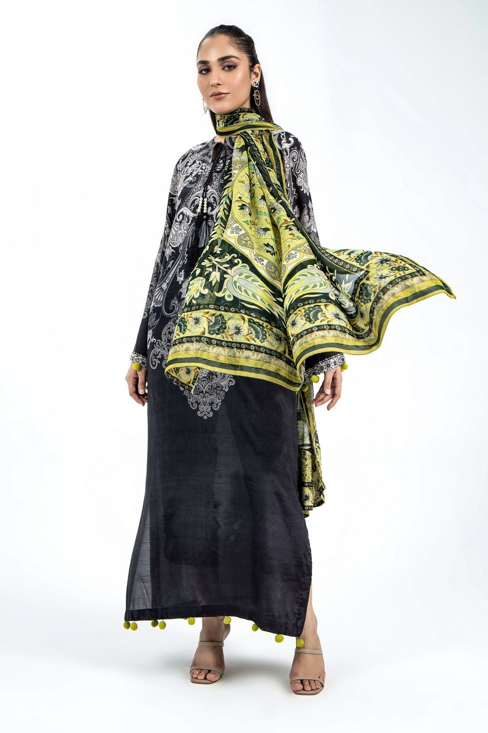 Black Raw Silk Long Kaftan with Digital Print Dupatta Online in Dubai UAE Abudhabi Ajman Sharjah
