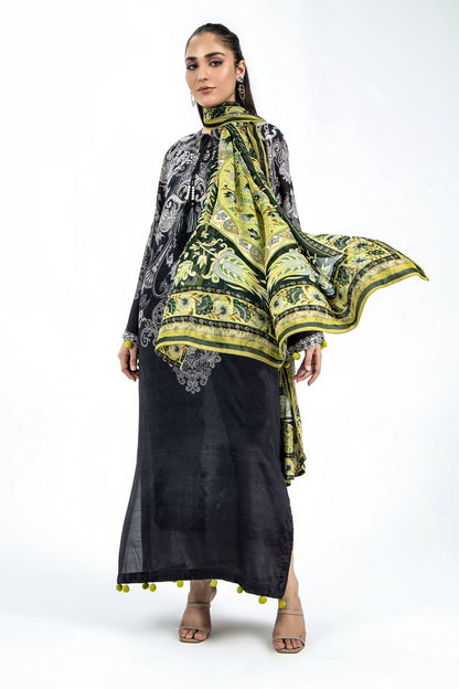 Black Raw Silk Long Kaftan with Digital Print Dupatta Online in Dubai UAE Abudhabi Ajman Sharjah