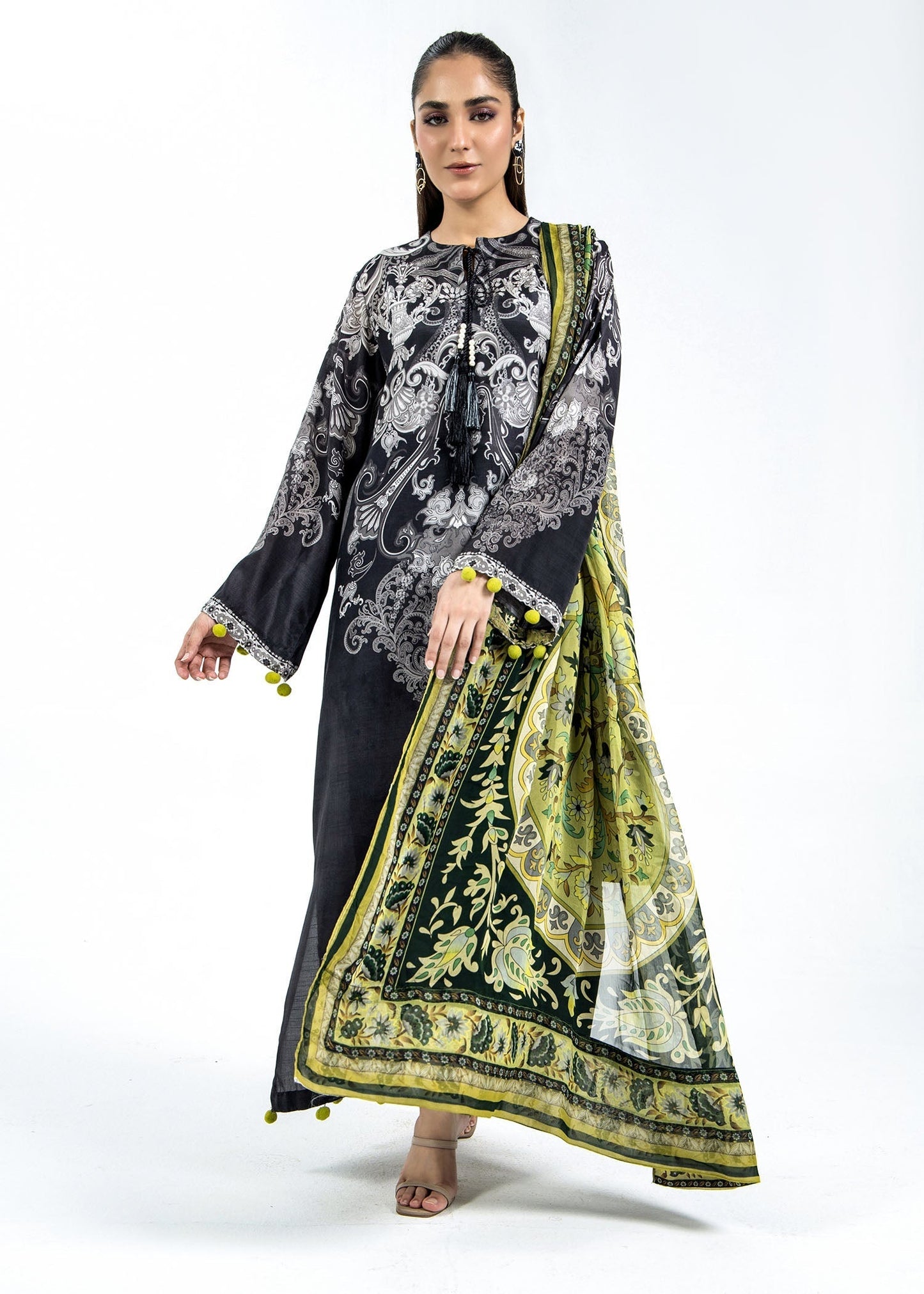 Black Raw Silk Long Shirt with Green Facing Online in Dubai UAE Abudhabi Ajman Sharjah