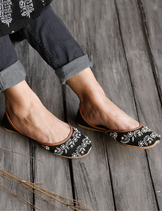 Black Raw Silk Pearl Sequins Khussa Online in Sri Lanka India Australia
