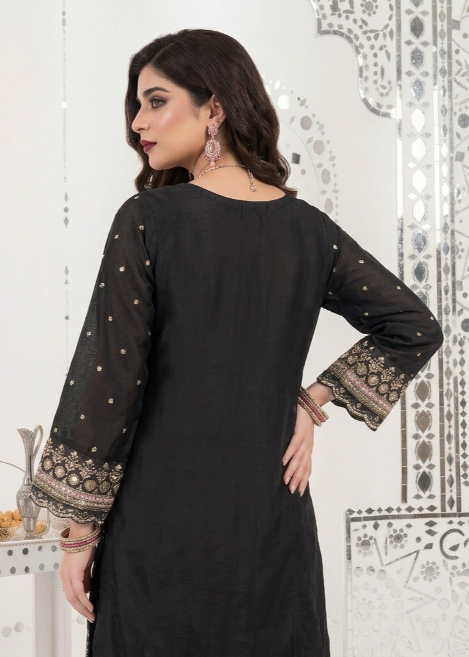 Black Raw Silk Shalwar Chiffon Kurta Online in Dubai UAE Abudhabi Ajman Sharjah