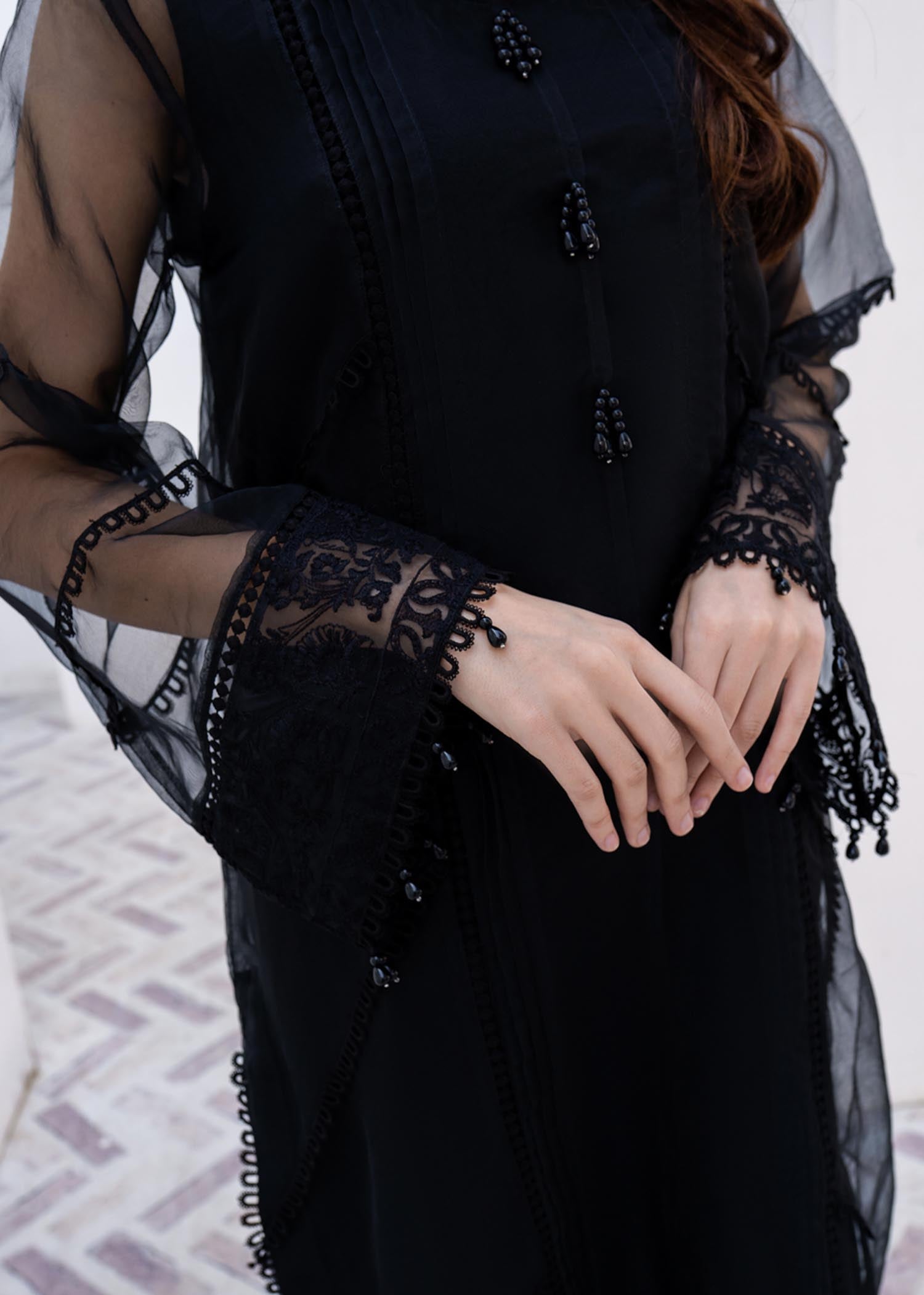 Black Raw Silk Trouser Embroidered Organza Suit Online in Sri Lanka India Australia