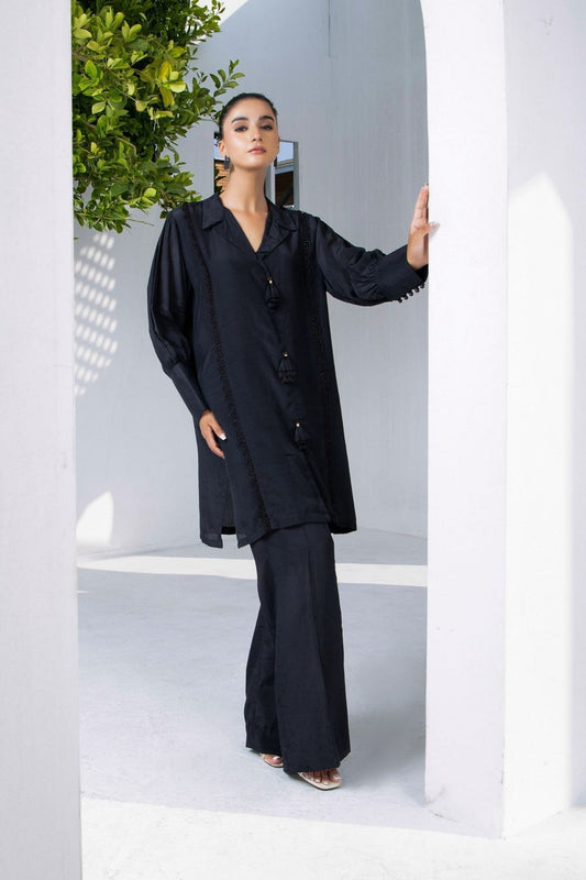 Black Raw Silk Tunic Suit Online in Dubai UAE Abudhabi Ajman Sharjah