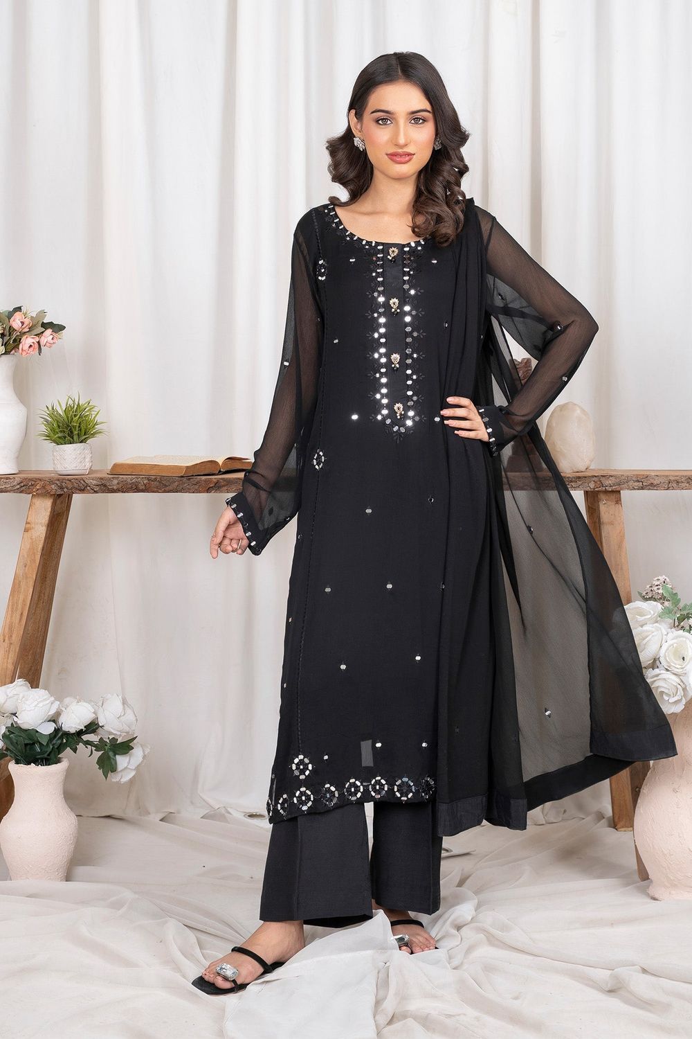 Black Resham Embroidered Chiffon Raw Silk Festive Suit Online in Dubai UAE Abudhabi Ajman Sharjah
