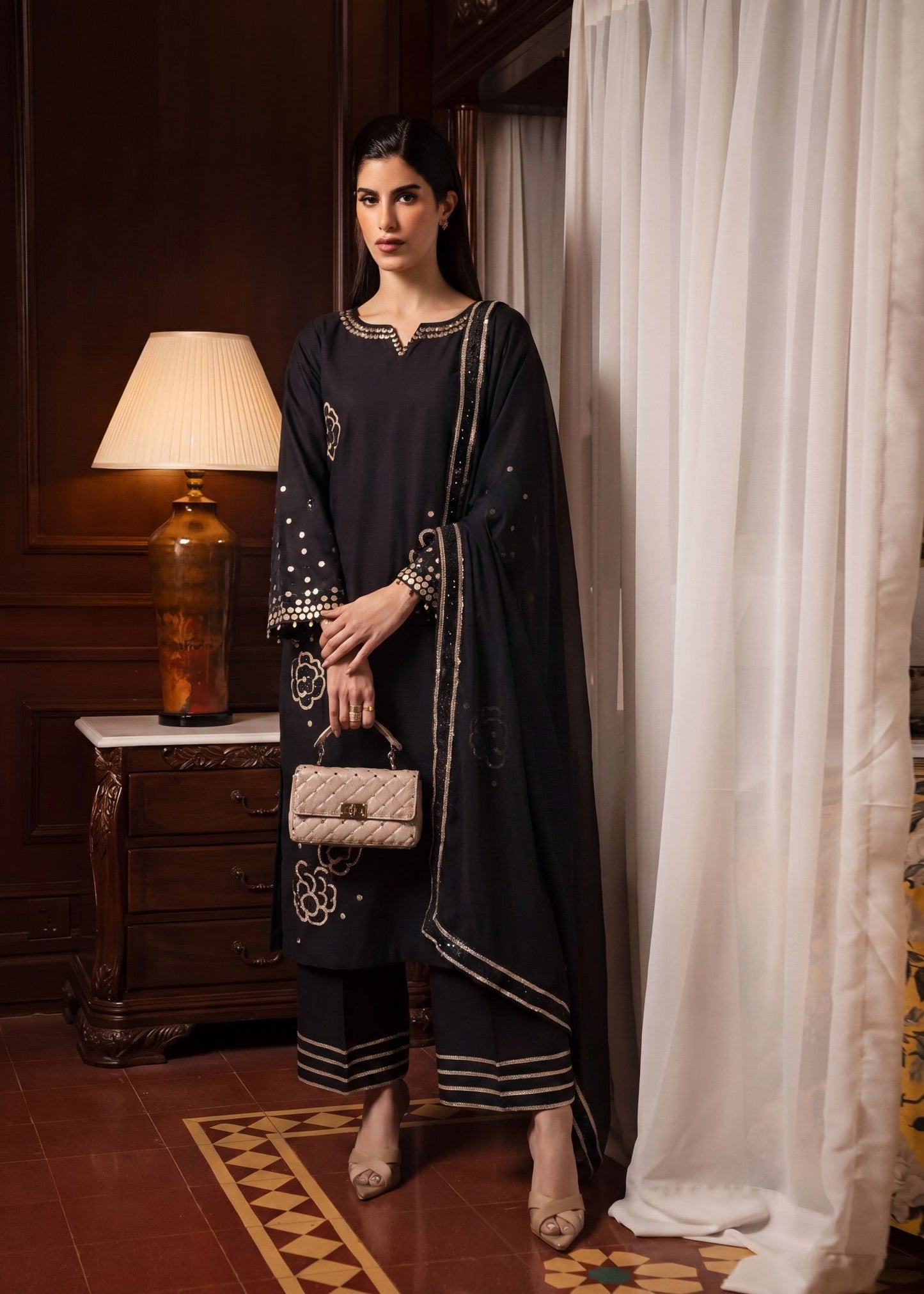 Black Sequined Lawn Kurta with Flapper Bottom Online in Sri Lanka India Australia