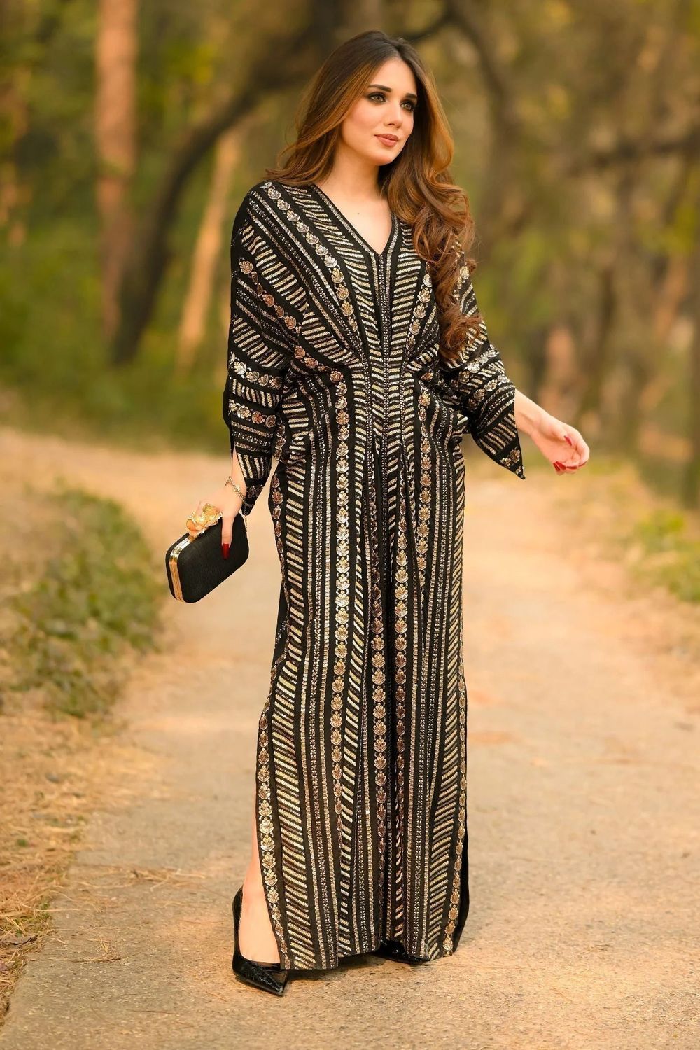 Black Sequined Linen Kaftan Online in Dubai UAE Abudhabi Ajman Sharjah