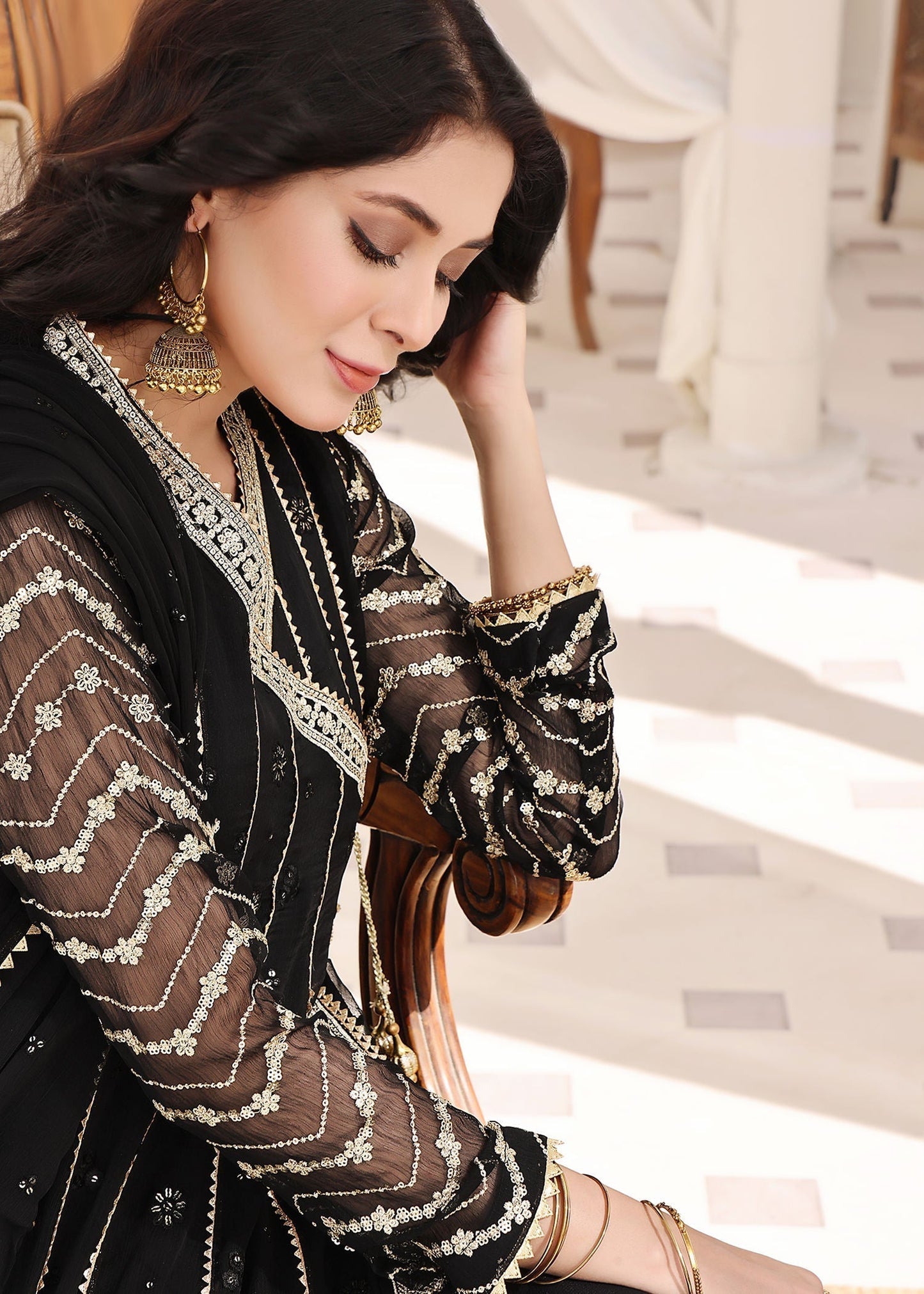 Black Sequins Embellished Chiffon Angrakha Maxi Online in Sri Lanka India Australia