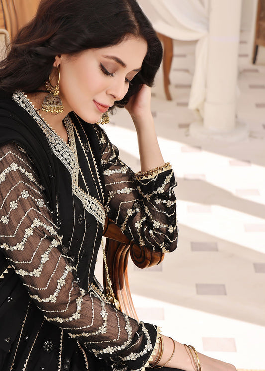 Black Sequins Embellished Chiffon Angrakha Maxi Online in Sri Lanka India Australia