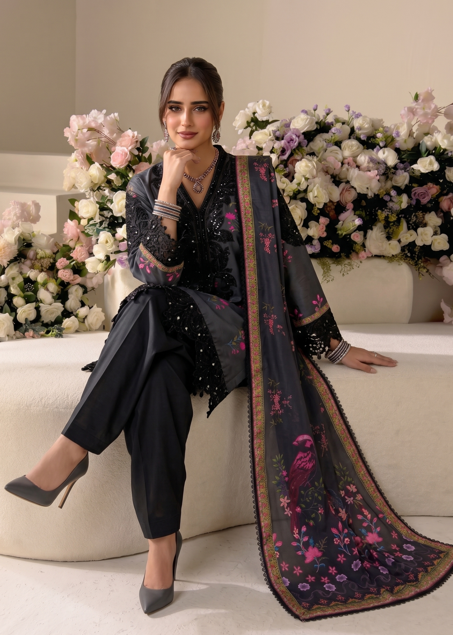 Black Silk Charmeuse Dupatta Embroidered Suit Online in Dubai UAE Abudhabi Ajman Sharjah