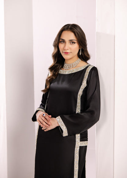 Black Silk Embroidered Long Kurta Plazzo Set Online in Dubai UAE Abudhabi Ajman Sharjah