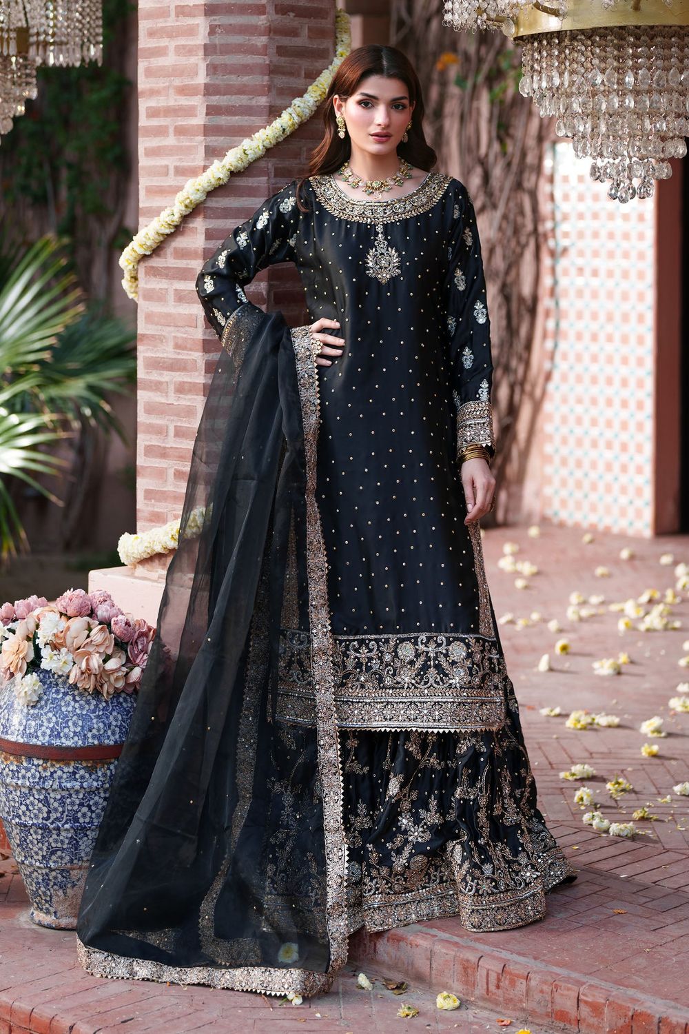Black Silk Kurti Lehenga Set with Organza Dupatta Online in Dubai UAE Abudhabi Ajman Sharjah