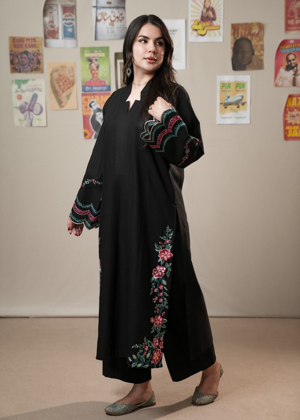 Black Slub Khaddar Straight Cut Kurta with Shawl Online in Sri Lanka India Australia
