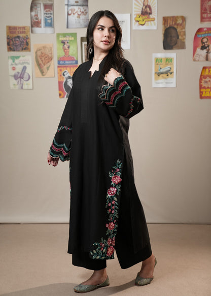 Black Slub Khaddar Straight Cut Kurta with Shawl Online in Sri Lanka India Australia