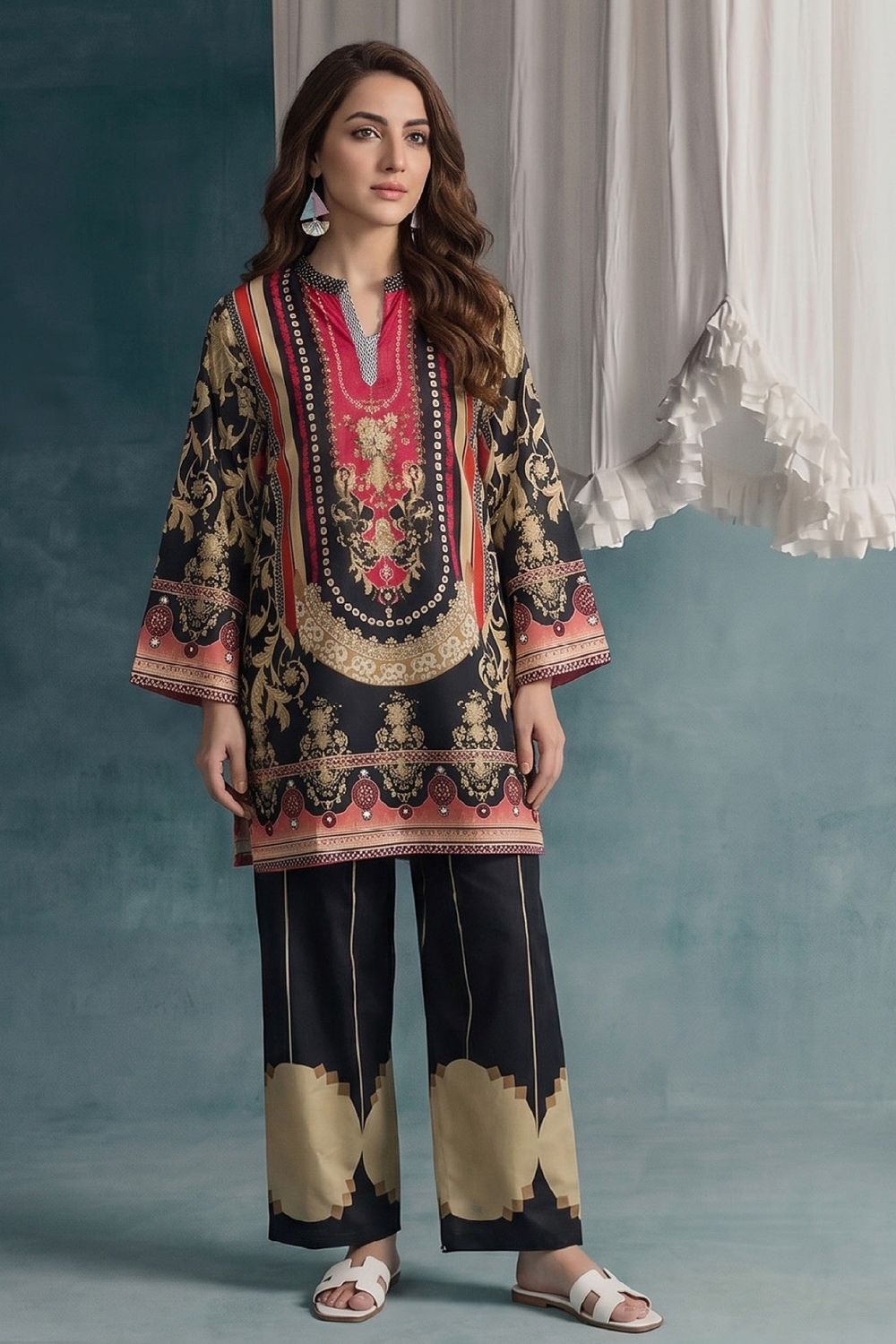 Black Slub Lawn Straight Cut Kurta Set Online in Dubai UAE Abudhabi Ajman Sharjah