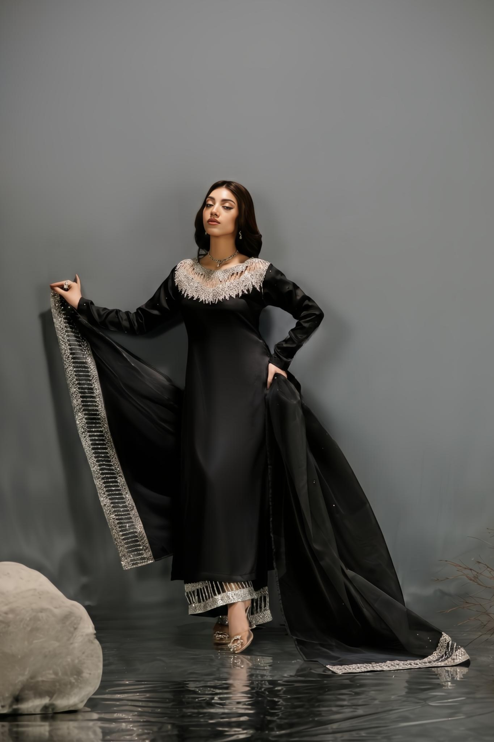 Black Stone Work Silk Pakistani Suit Online in Dubai UAE Abudhabi Ajman Sharjah