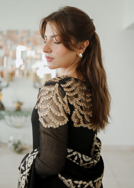 Black Stone Worked Bemberg Crinkle Chiffon Designer Suit Online in Sri Lanka India Australia
